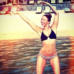Belgian celebrity Natalia Druyts at sea in bikini